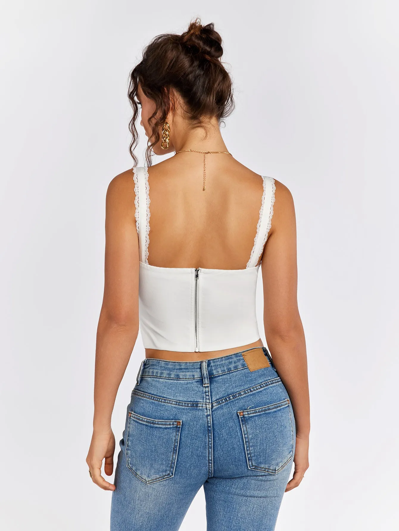 Lace Trim Ruched Bust Tie Front Tank Top