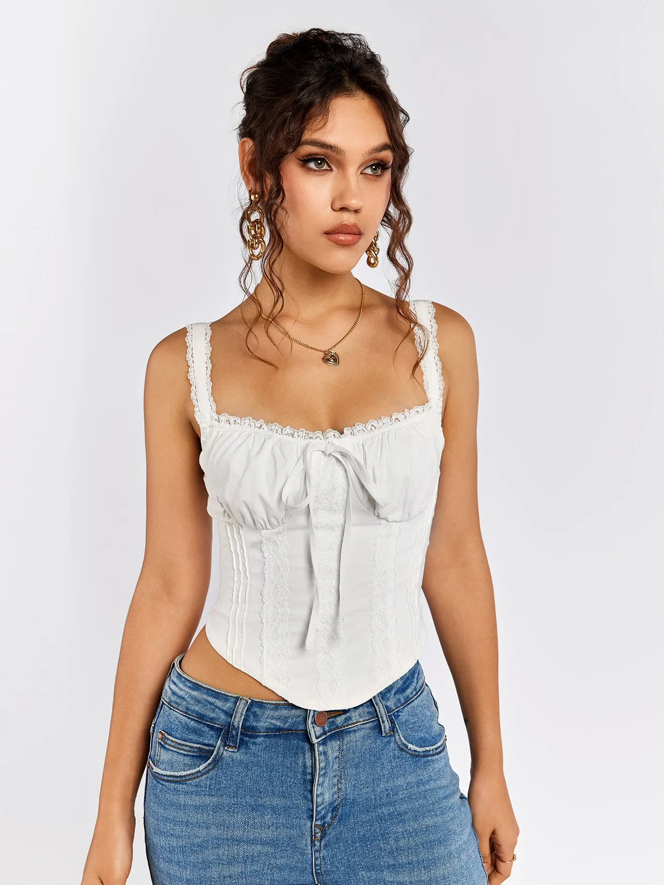 Lace Trim Ruched Bust Tie Front Tank Top