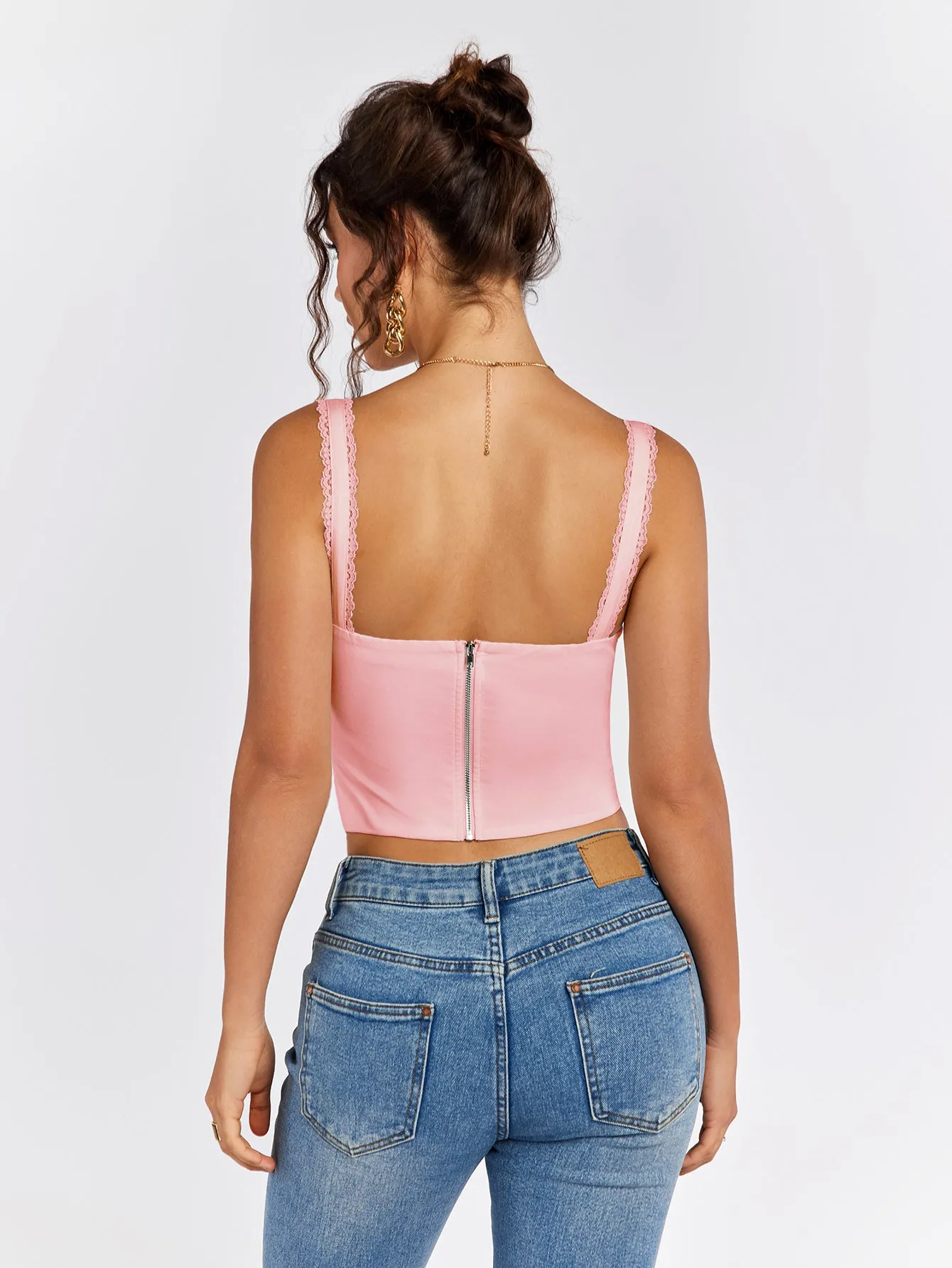 Lace Trim Ruched Bust Tie Front Tank Top