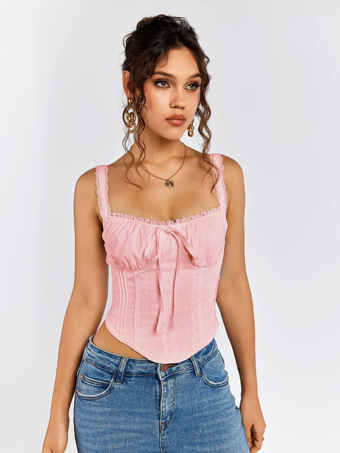 Lace Trim Ruched Bust Tie Front Tank Top