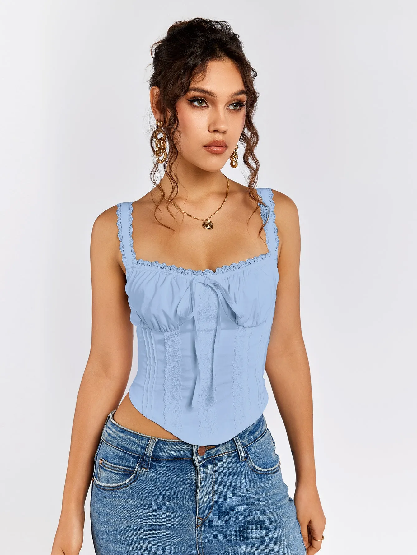 Lace Trim Ruched Bust Tie Front Tank Top