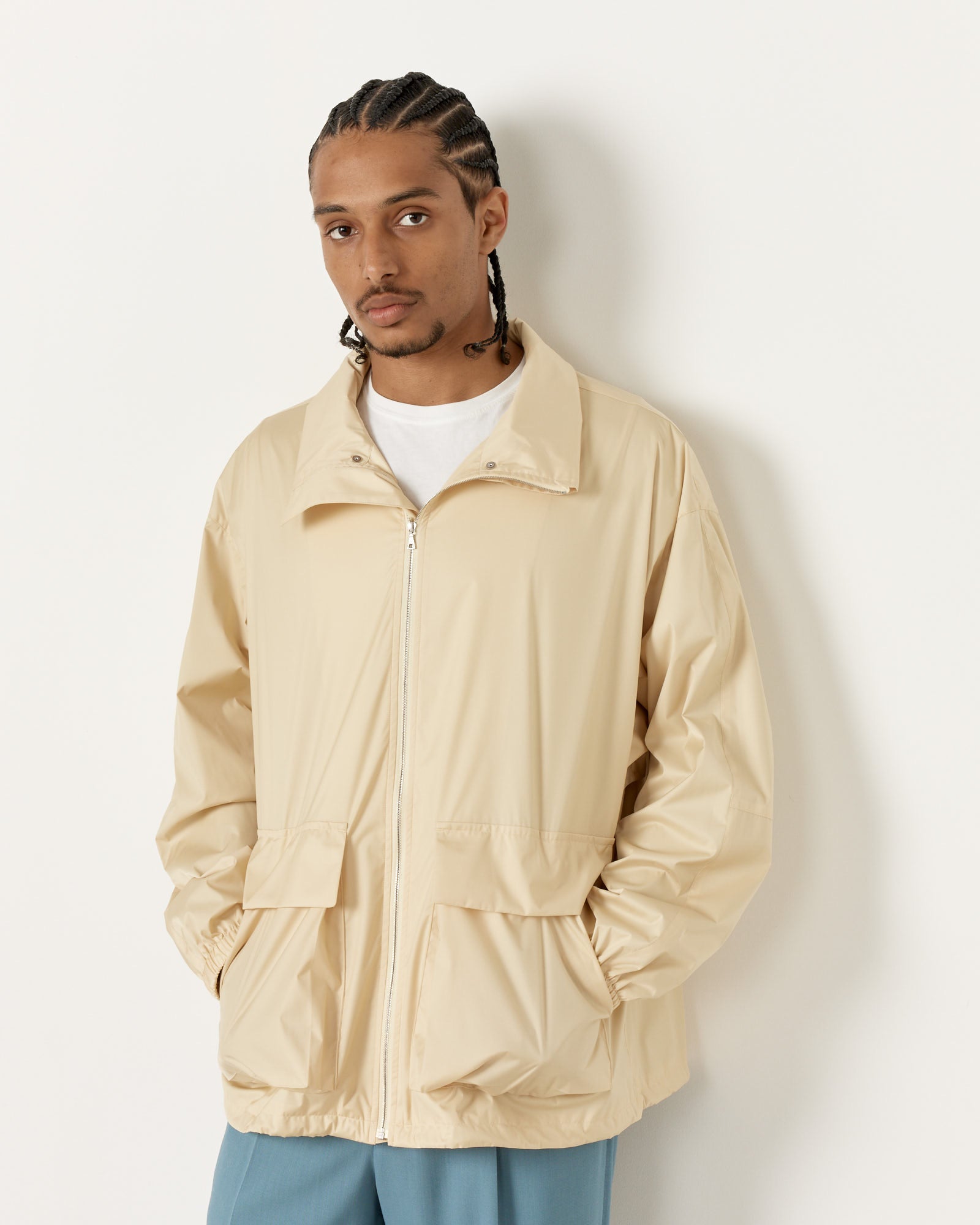 Laminate Zip Blouson in Light Beige