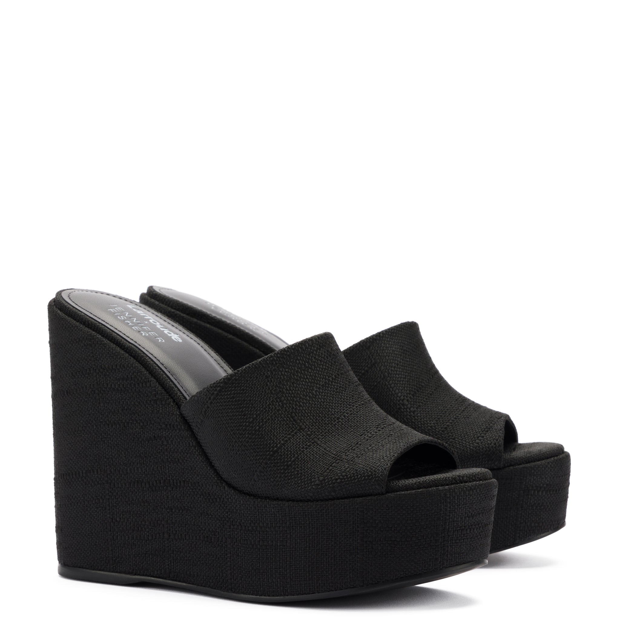 Larroudé x Jennifer Fisher Wedge Mule In Black Raffia