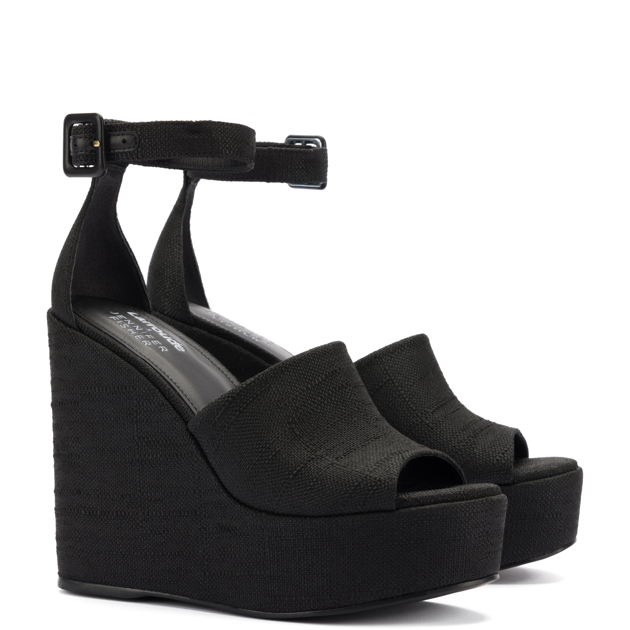 Larroudé x Jennifer Fisher Wedge Sandal In Black Raffia