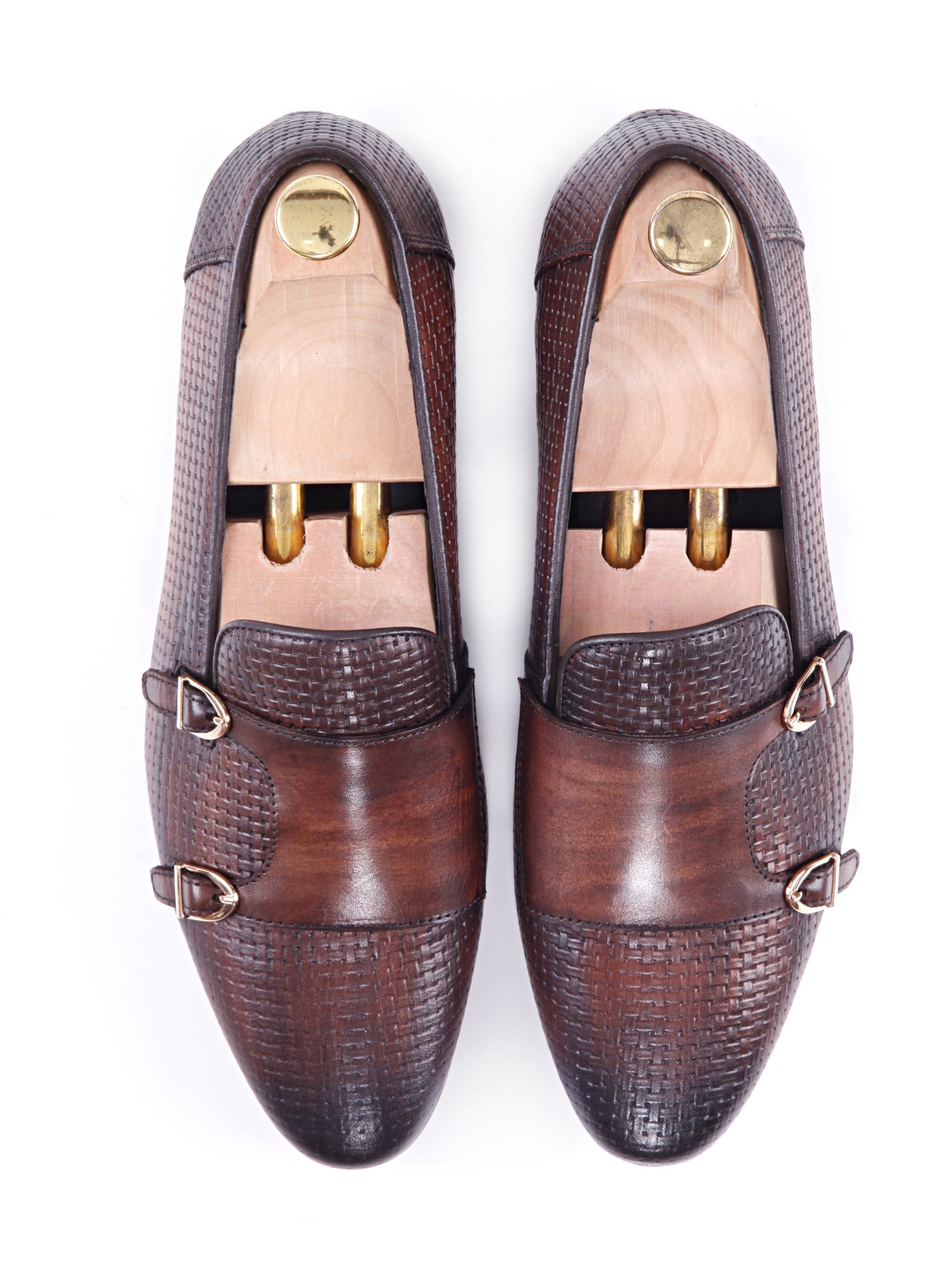 Loafer Slipper - Dark Brown Double Monk Strap with Woven Leather (Hand Painted Patina)