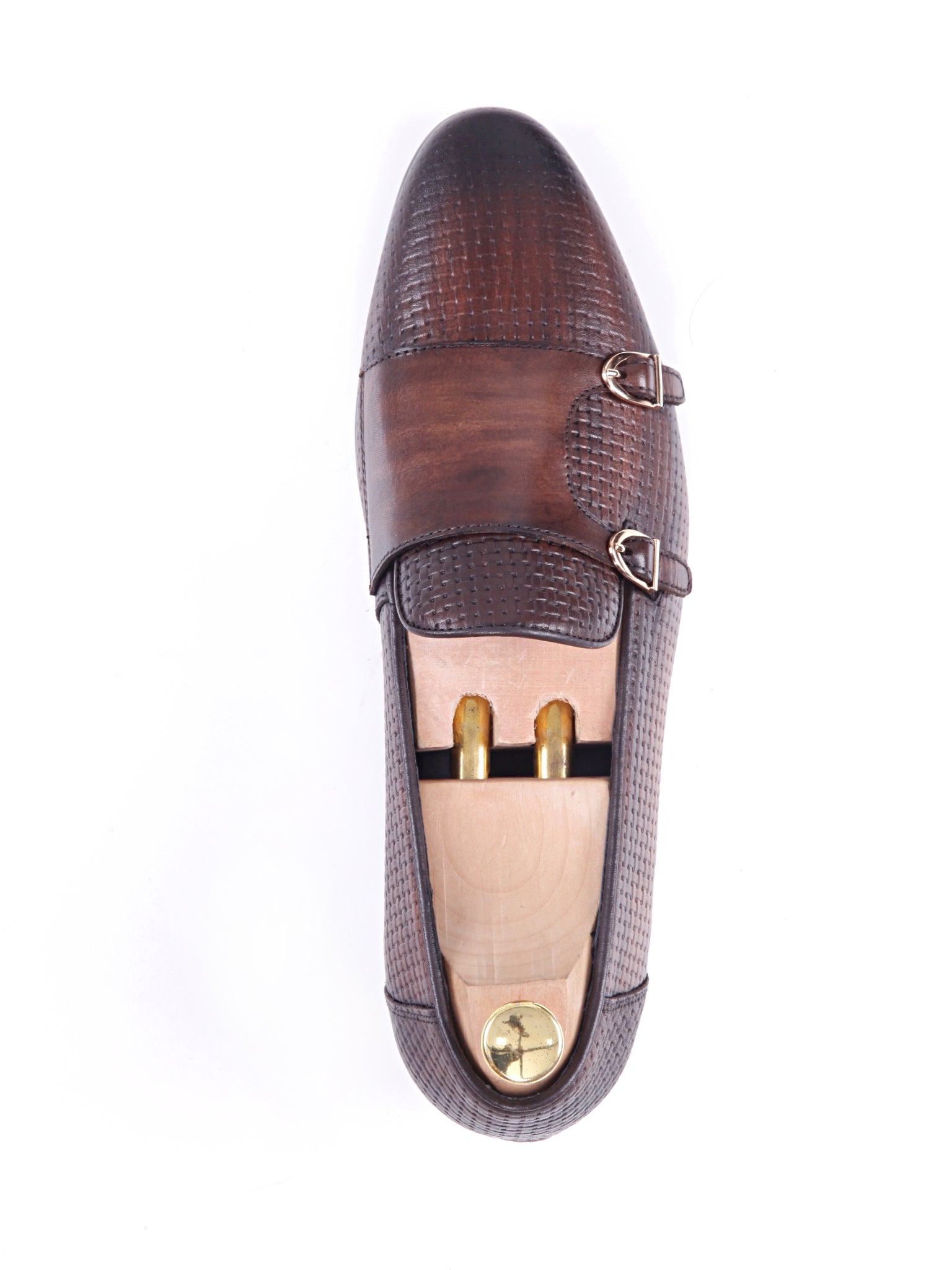 Loafer Slipper - Dark Brown Double Monk Strap with Woven Leather (Hand Painted Patina)