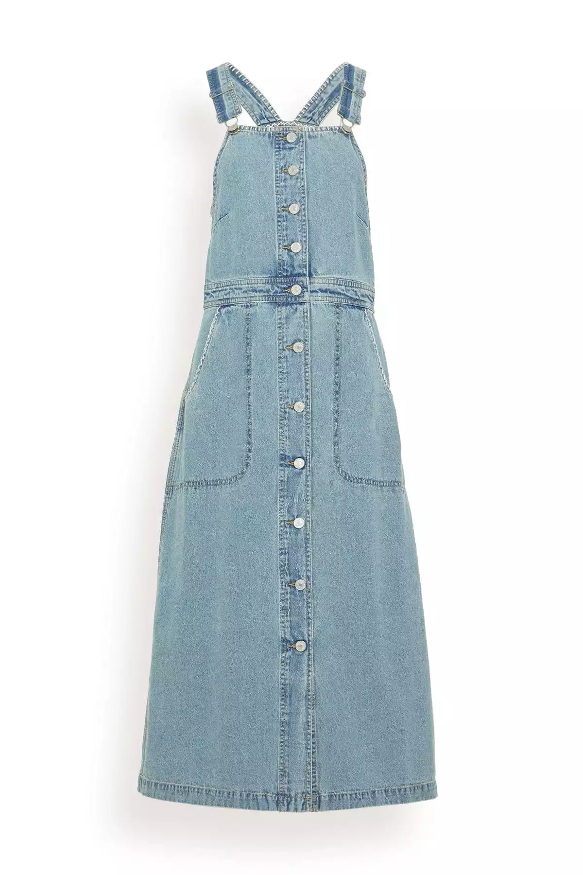 Marion Mended Denim Overall Dress in Blue