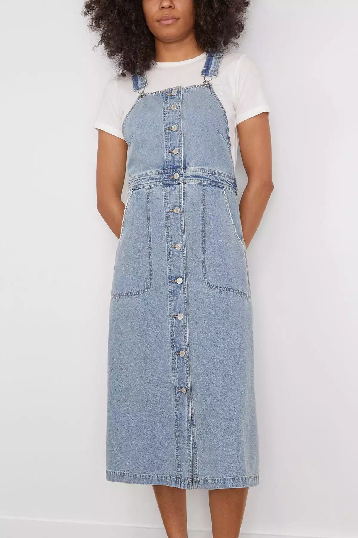 Marion Mended Denim Overall Dress in Blue