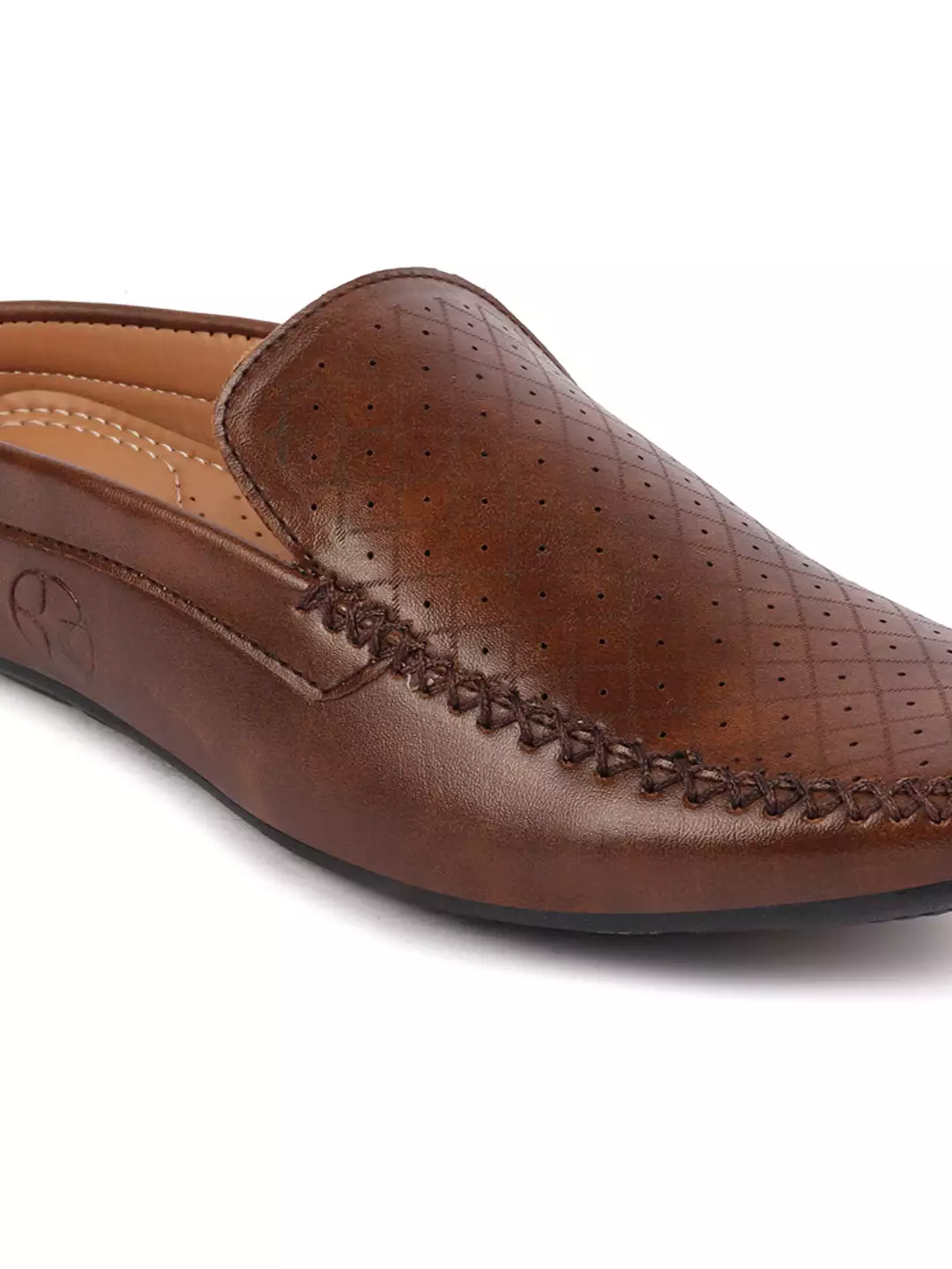 Men Brown Stitched Block Design Pattern Back Open Slip On Loafer Shoes