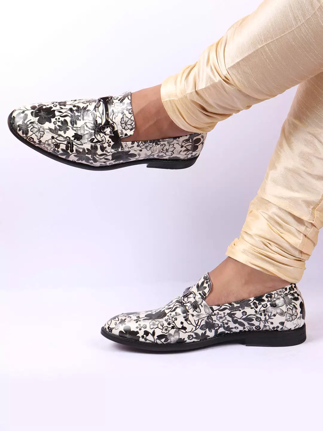 Men Grey Floral Print Horsebit Buckle Weekend Wedding Evening Party Shoes Loafers