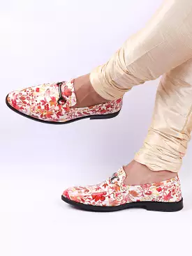 Men Red Floral Print Horsebit Buckle Weekend Wedding Evening Party Shoes Loafers