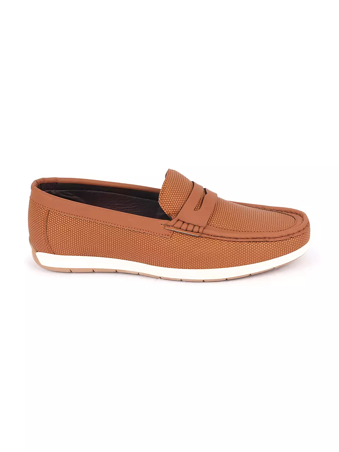 Men Tan Textured Design Casual Slip On Loafer Boat Shoes