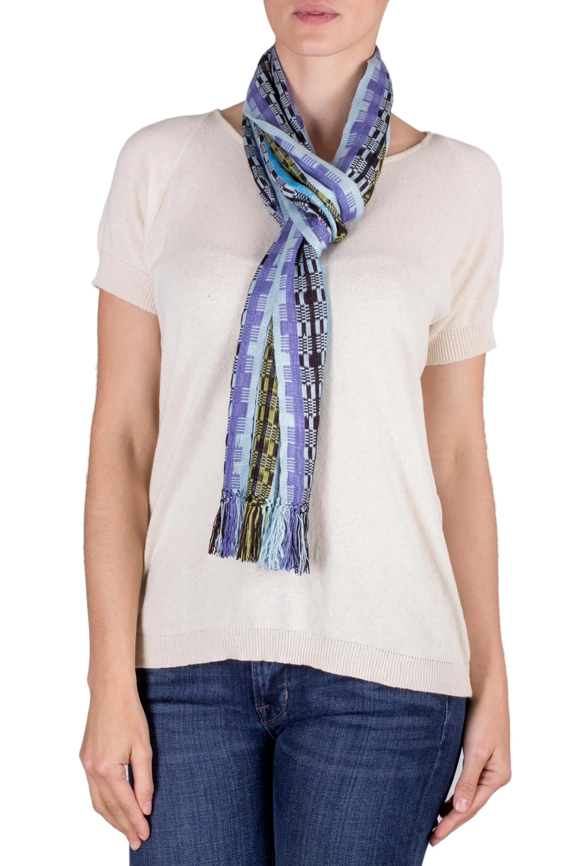 Multicolor Blue Bamboo Hand Woven Rayon Scarf in Shades of Blue and Lilac