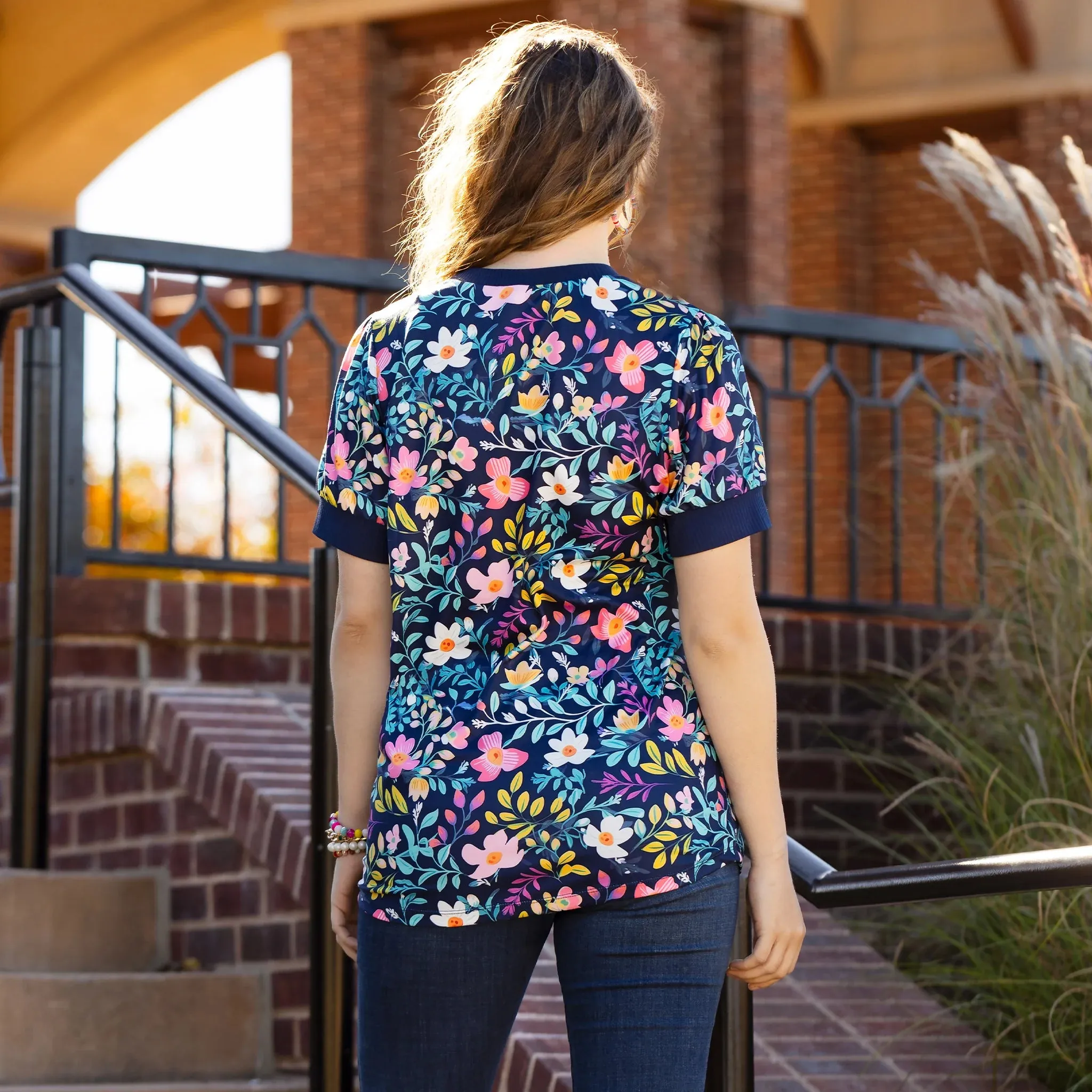 Navy Blue Floral short sleeve top