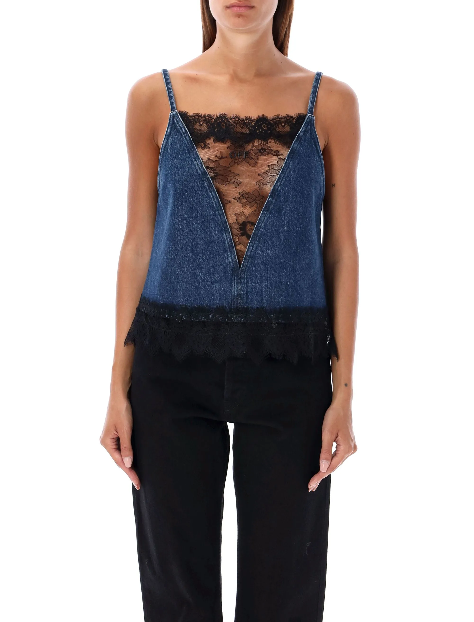 OFF-WHITE Denim Top with Lace Inserts - Slim Fit, Size 40