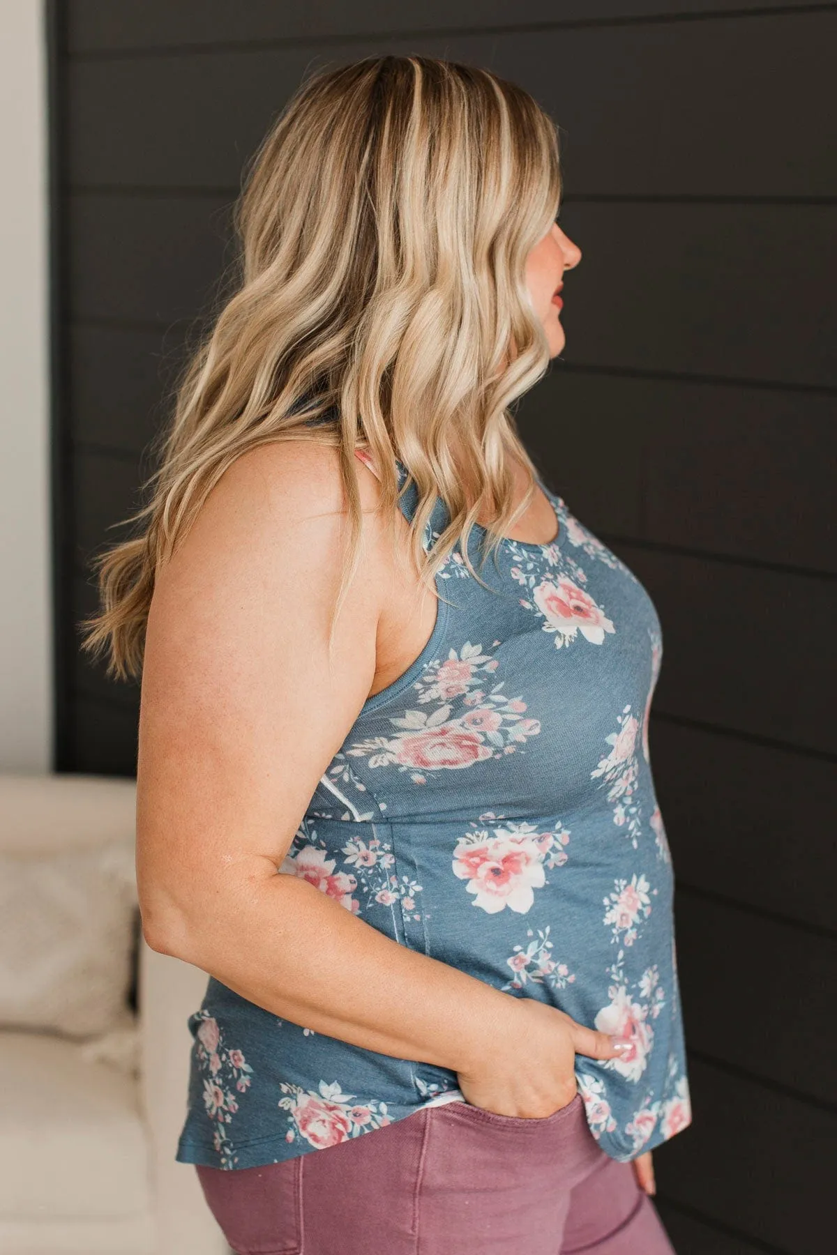 Okay To Let Go Floral Tank Top- Denim Blue