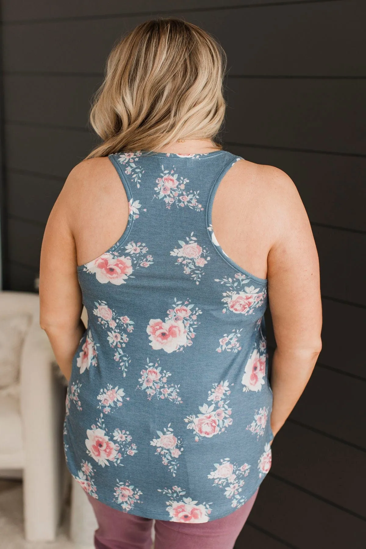 Okay To Let Go Floral Tank Top- Denim Blue