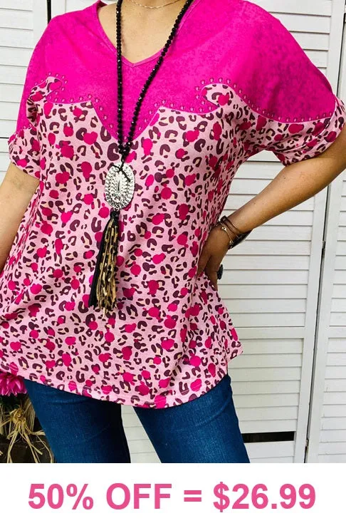 Pink Leopard Western trim top