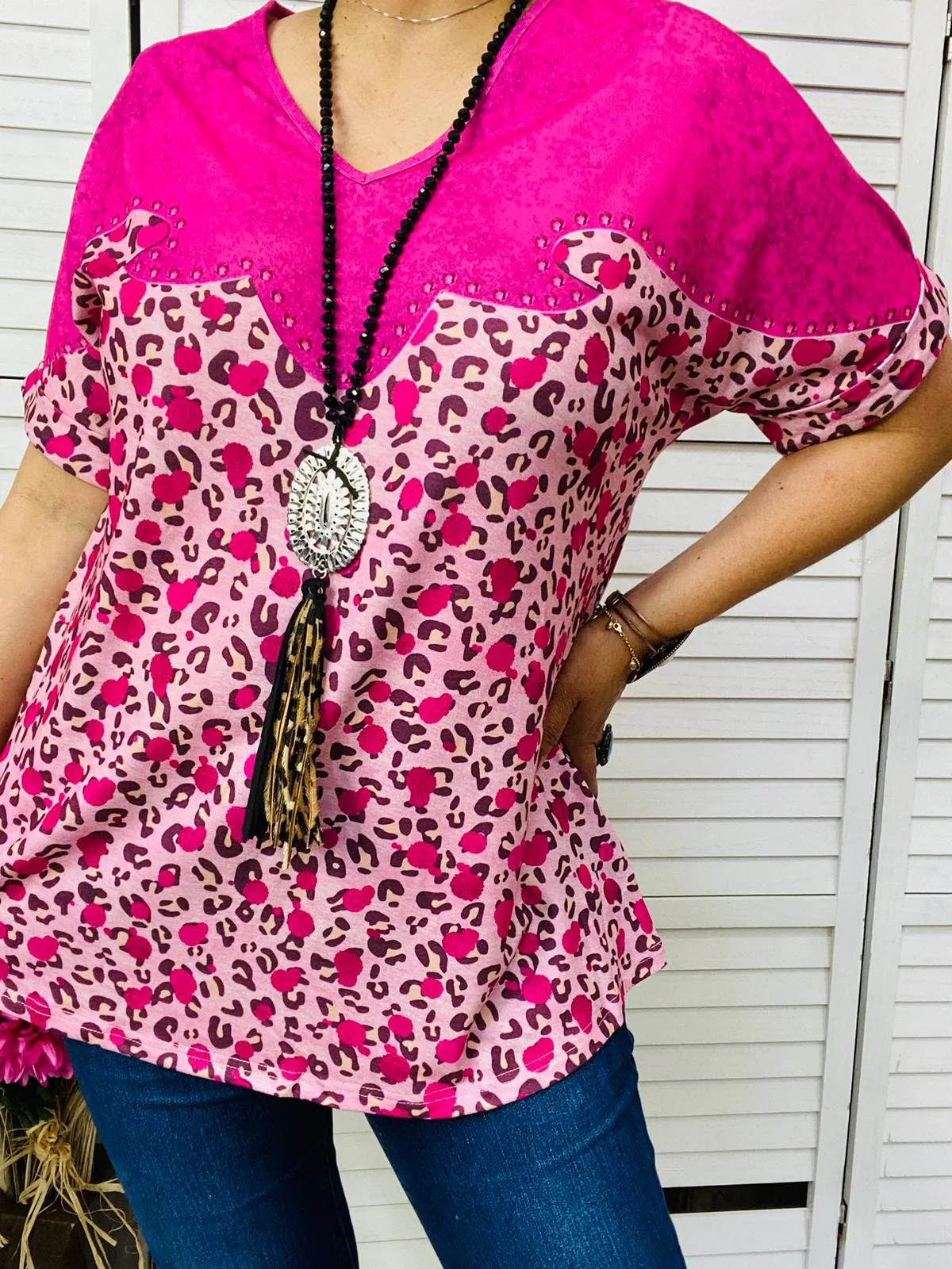 Pink Leopard Western trim top