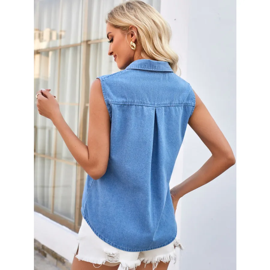 Pocketed Button Up Sleeveless Denim Top