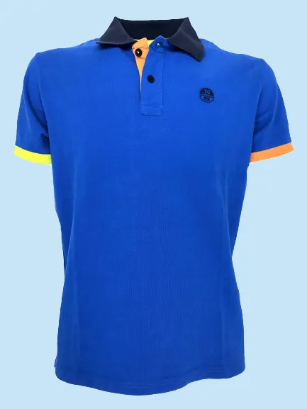 POLO UOMO BLU CON BANDE GIALLE/ARANCIO 100% COTONE