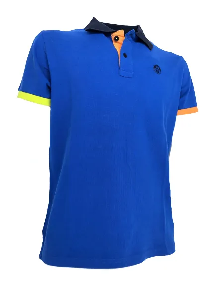 POLO UOMO BLU CON BANDE GIALLE/ARANCIO 100% COTONE