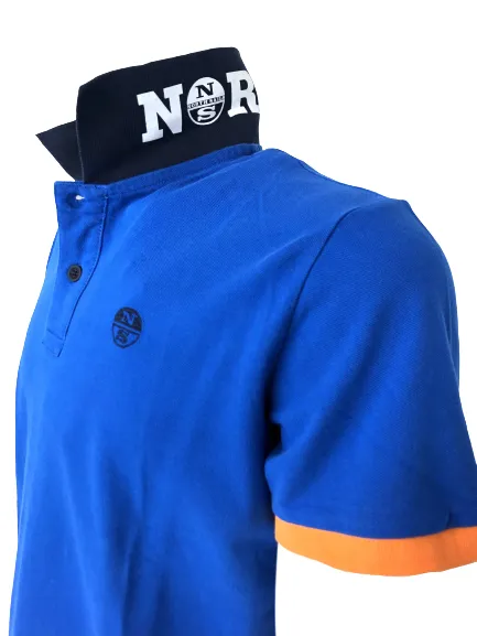 POLO UOMO BLU CON BANDE GIALLE/ARANCIO 100% COTONE