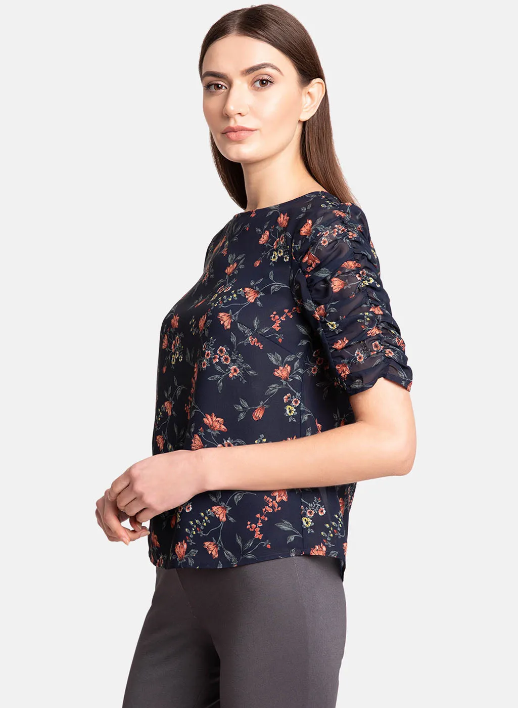 Printed Top With Ruched Sleeve