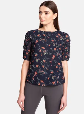 Printed Top With Ruched Sleeve