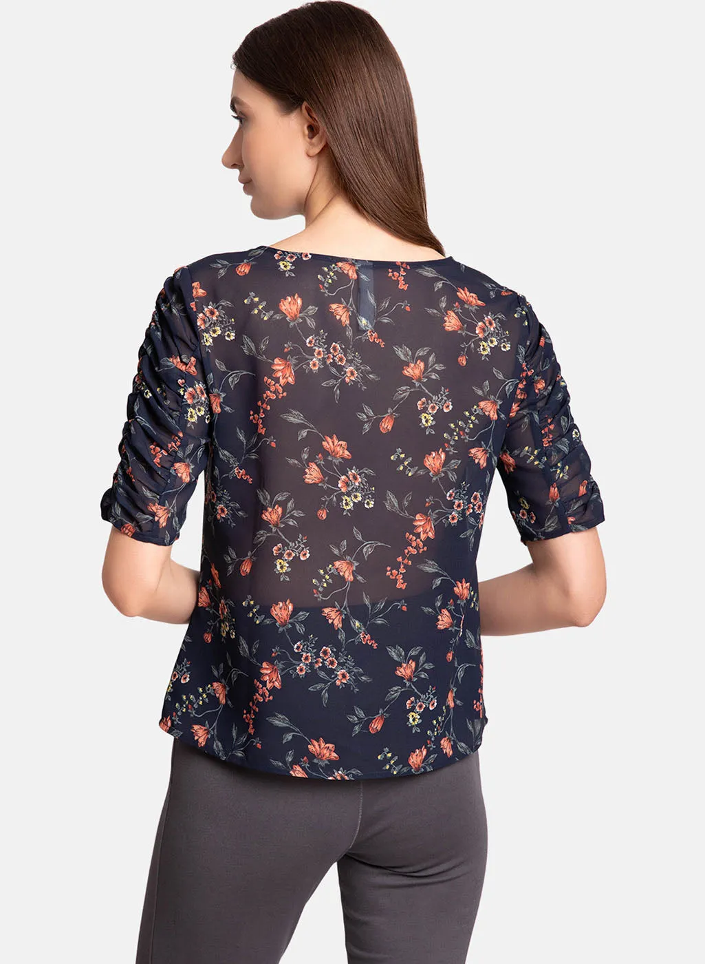 Printed Top With Ruched Sleeve