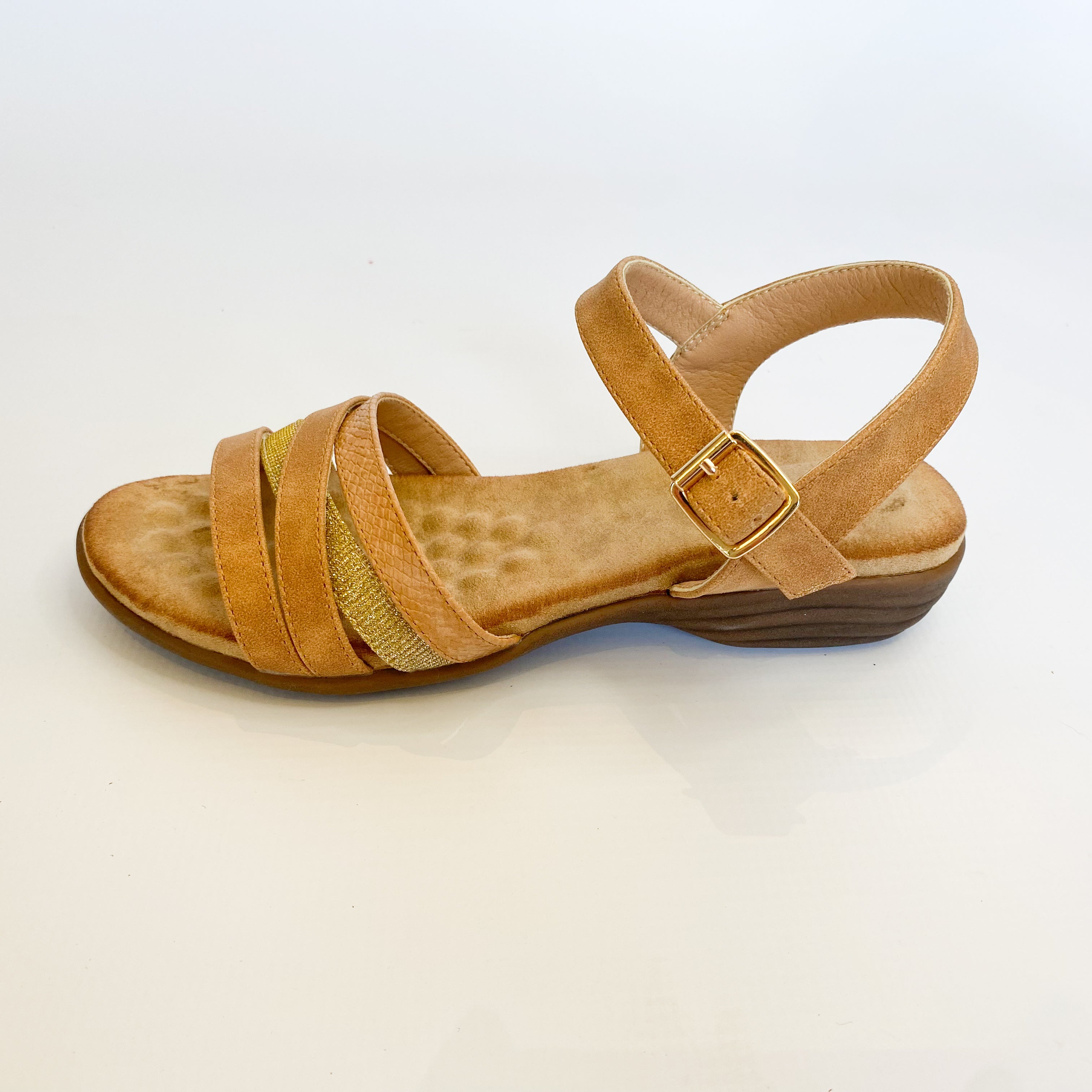 Queue tan and gold strappy sandal