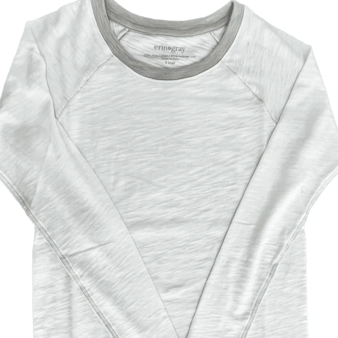 Raglan Long Sleeve Crew in White & Light Gray Cotton Slub