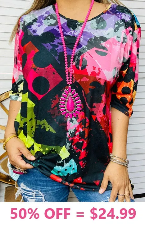 S, M, L, 2X, 3X Multi Color & Black print top