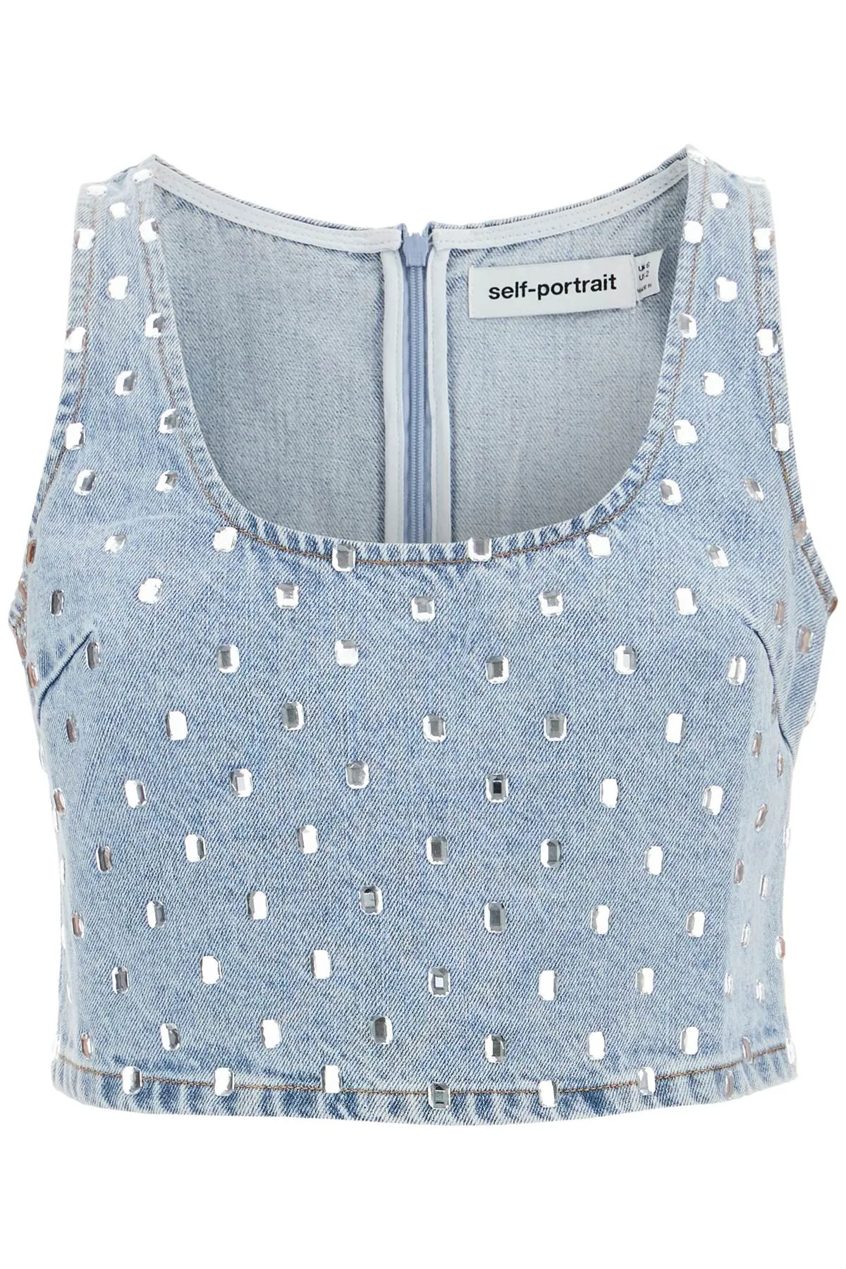 Self Portrait Denim Crop Top For Stylish   Blue