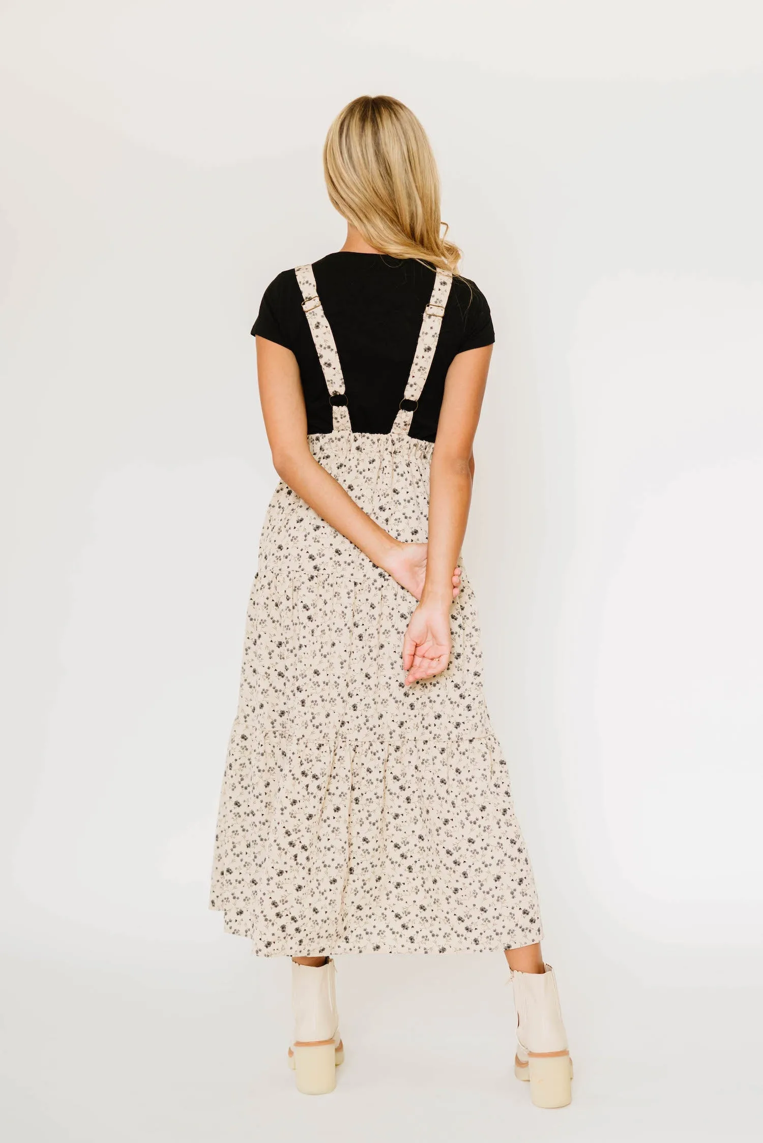 Shay Overall Dress in Black Floral Taupe