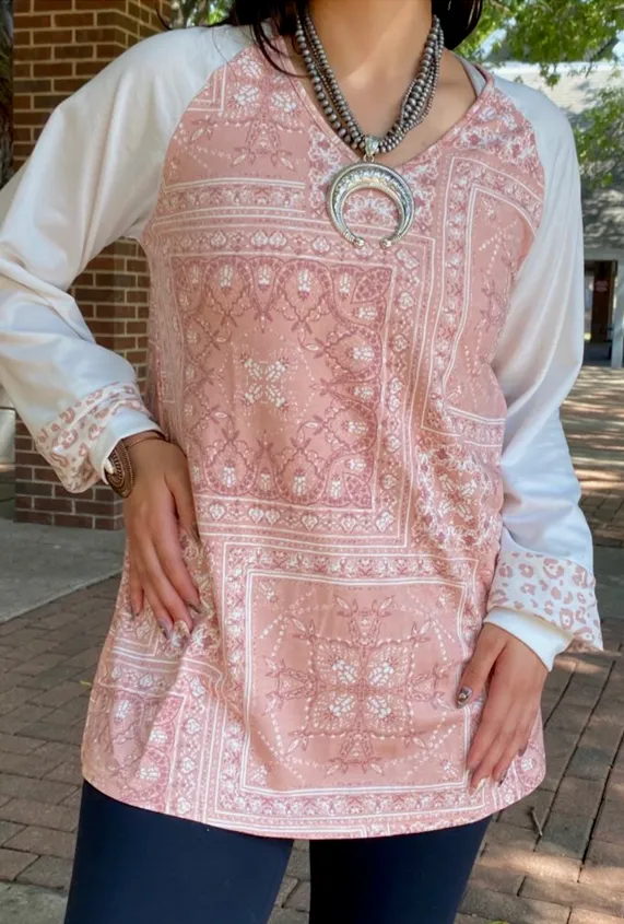 Tan Bandana print top white sleeves leopard cuff