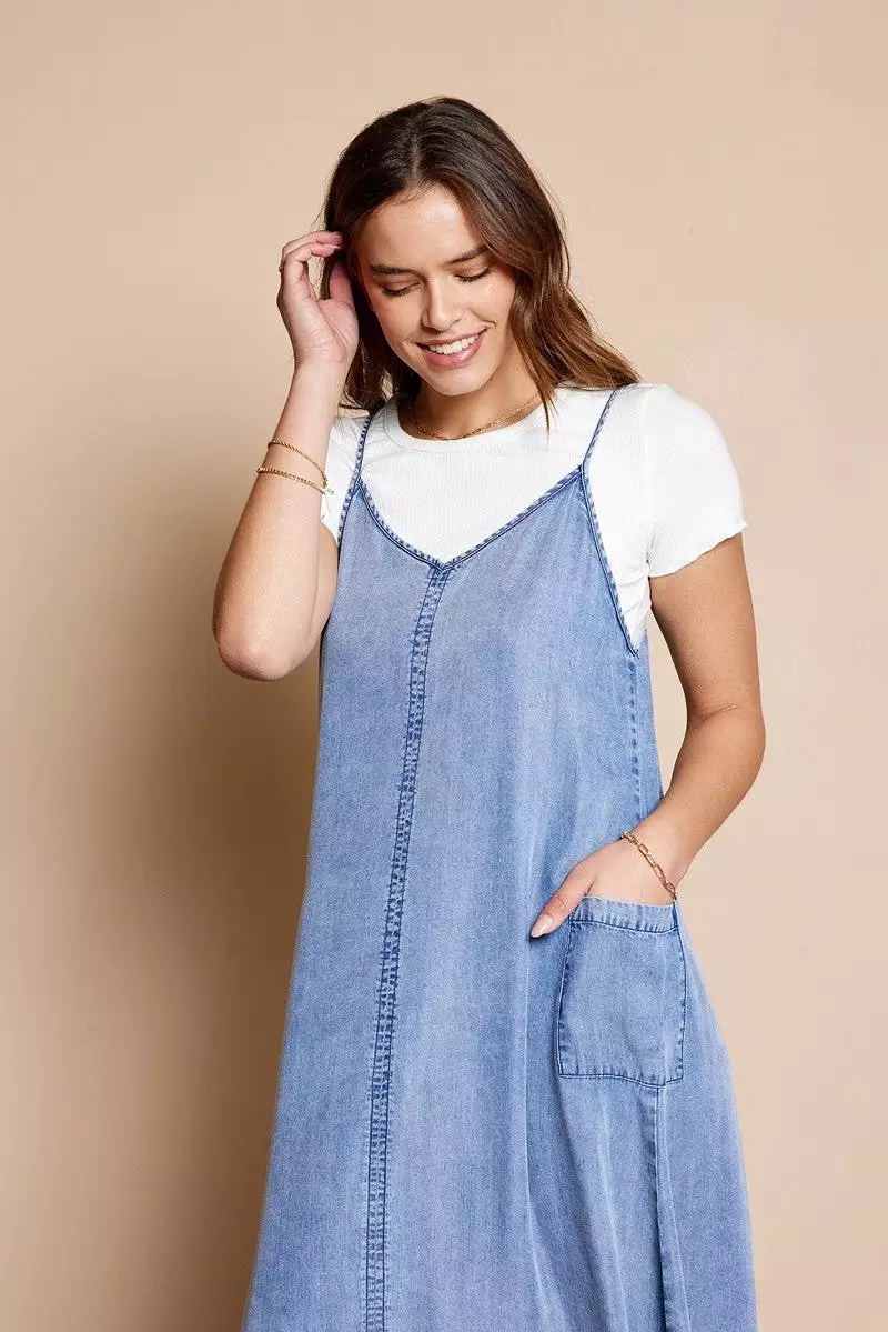 The Harley Pocket Detail Overall Dress in Denim Blue