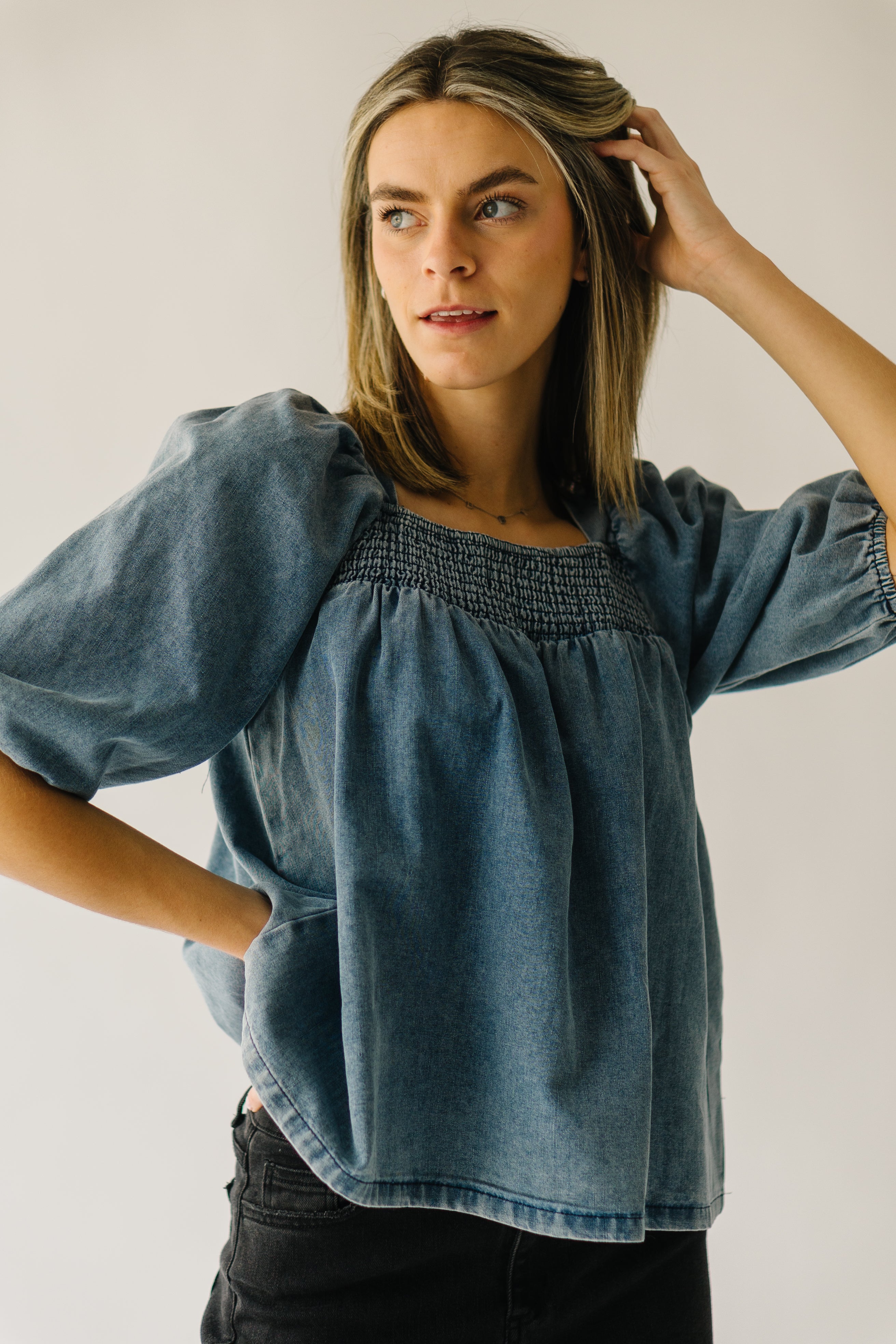 The Silverton Smocked Detail Blouse in Light Denim