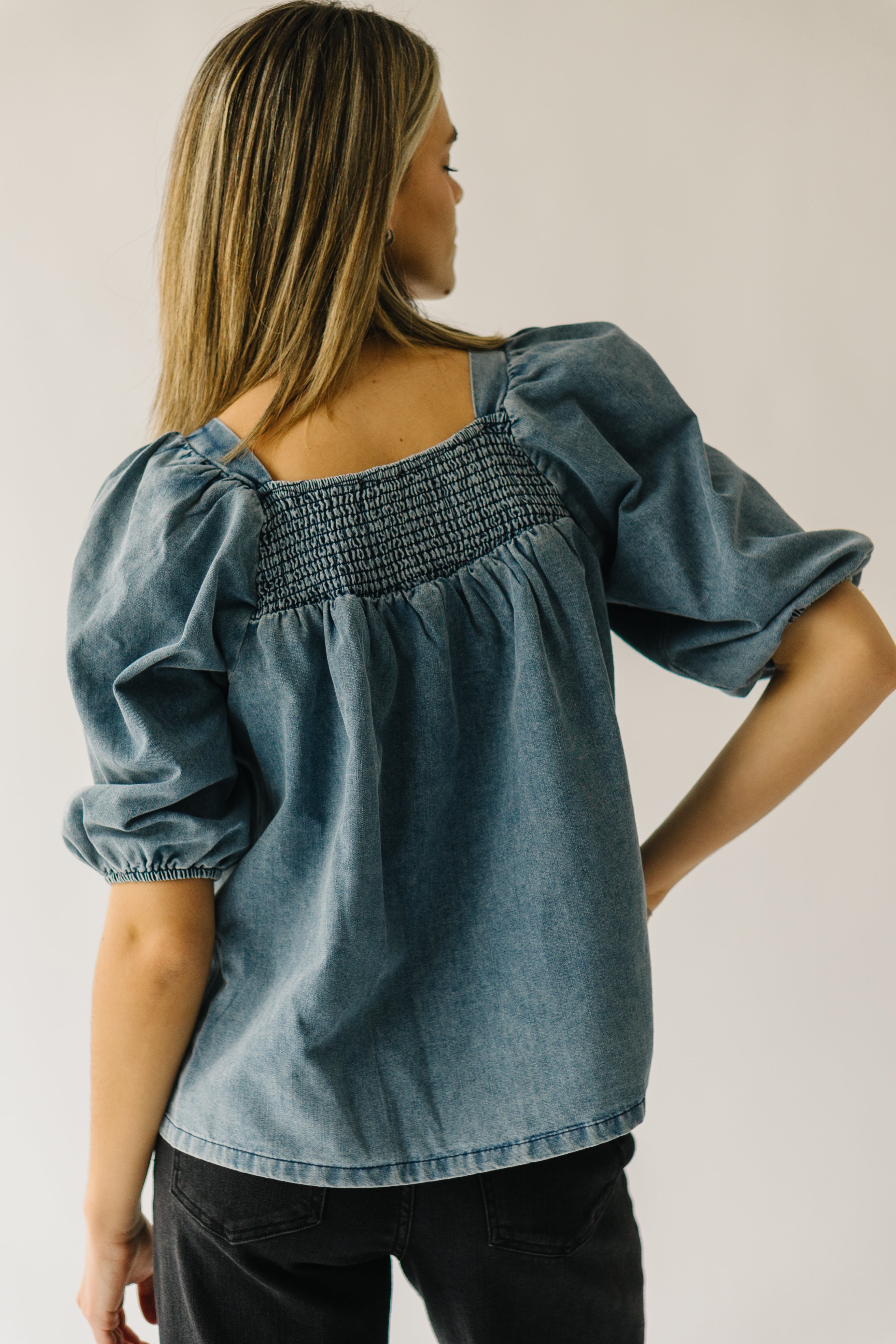 The Silverton Smocked Detail Blouse in Light Denim