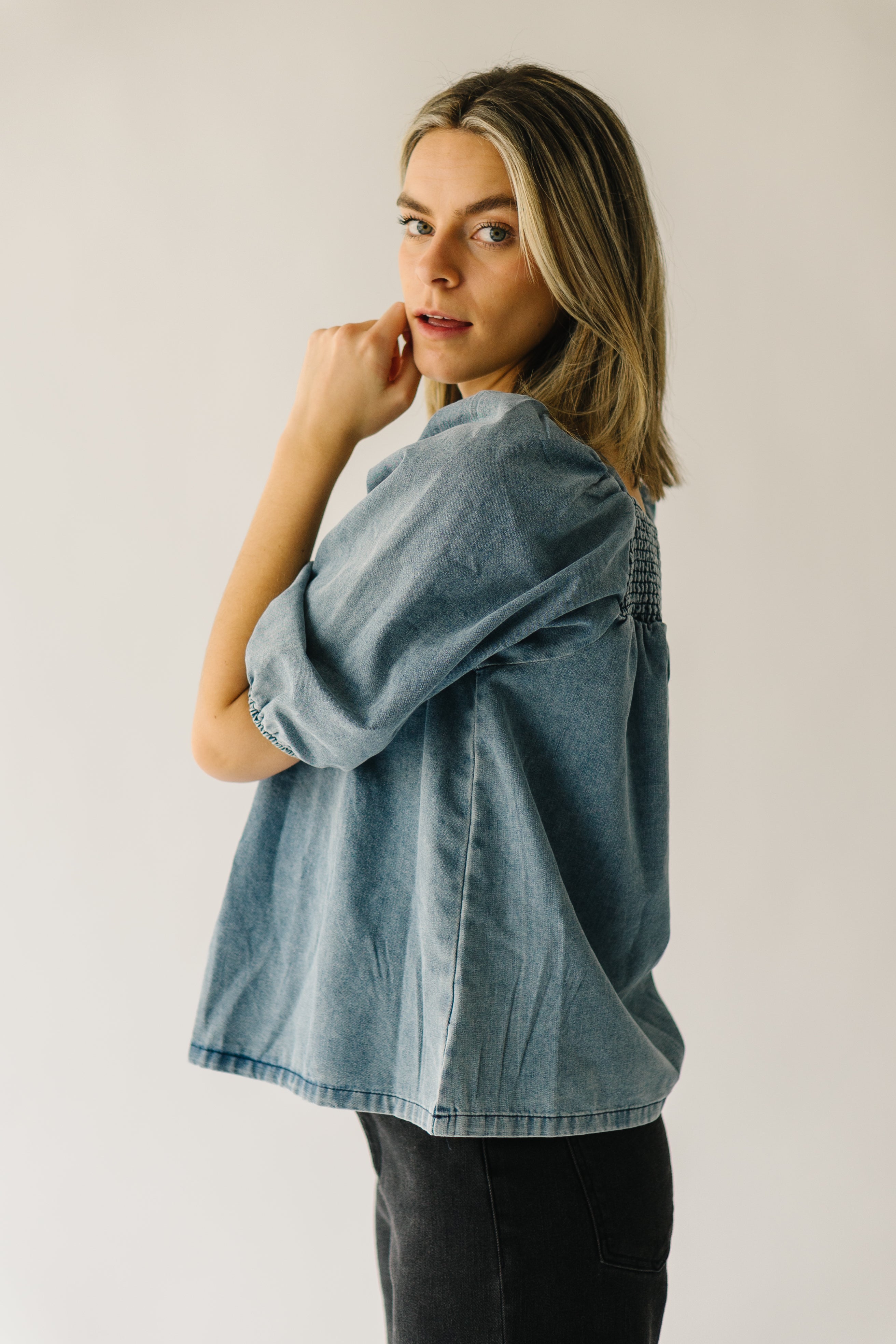 The Silverton Smocked Detail Blouse in Light Denim