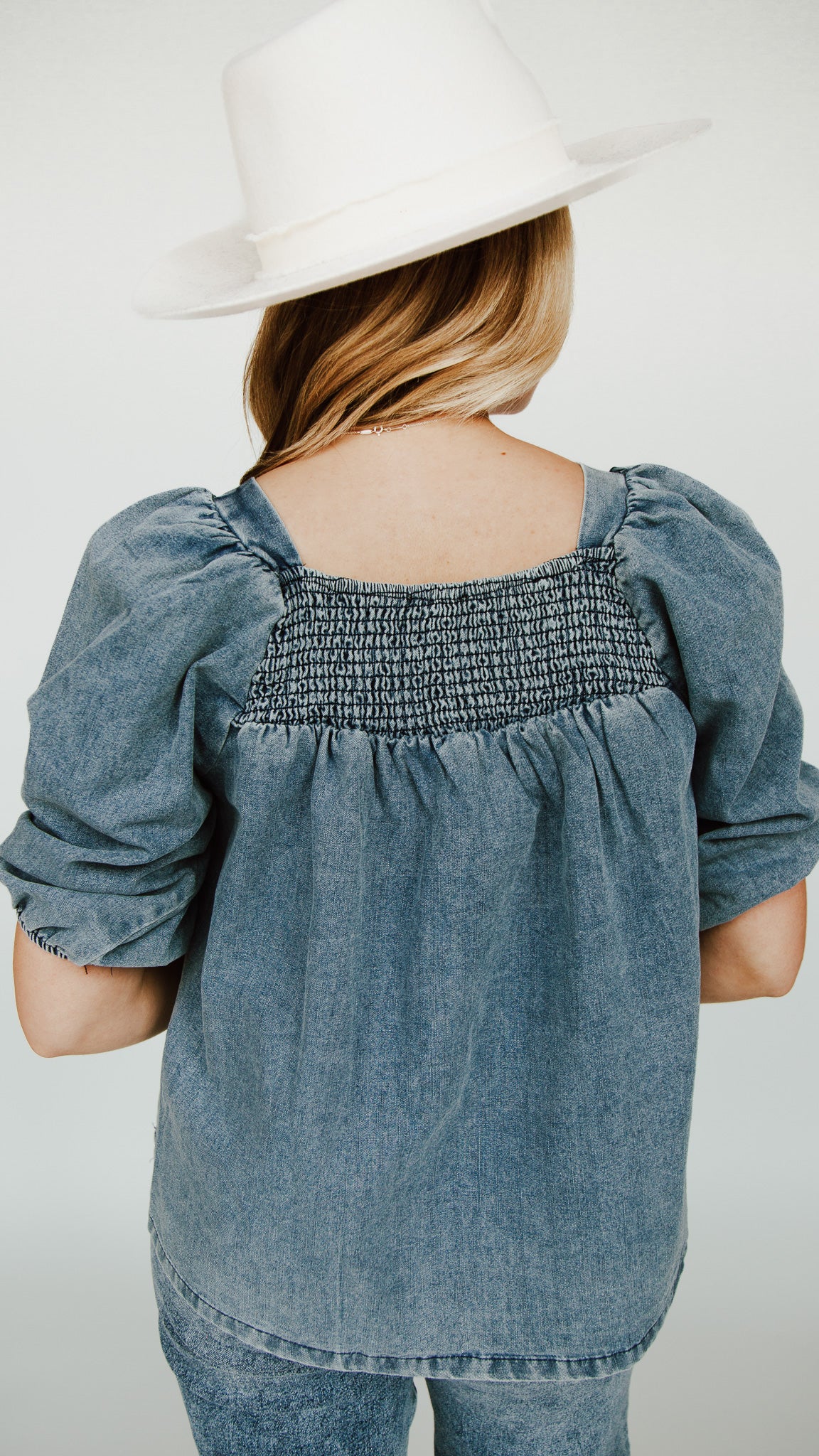 The Silverton Smocked Detail Blouse in Light Denim