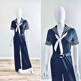 Vintage 1970s Sailor Wide Leg Jumpsuit / 70s does 1930s black polka dot romper Size S M