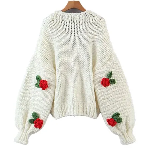 Vintage Style Flower Knitted Fabric V Neck Long Sleeve Regular Sleeve Button Sweater