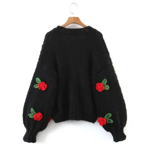 Vintage Style Flower Knitted Fabric V Neck Long Sleeve Regular Sleeve Button Sweater