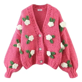 Vintage Style Flower Knitted Fabric V Neck Long Sleeve Regular Sleeve Button Sweater