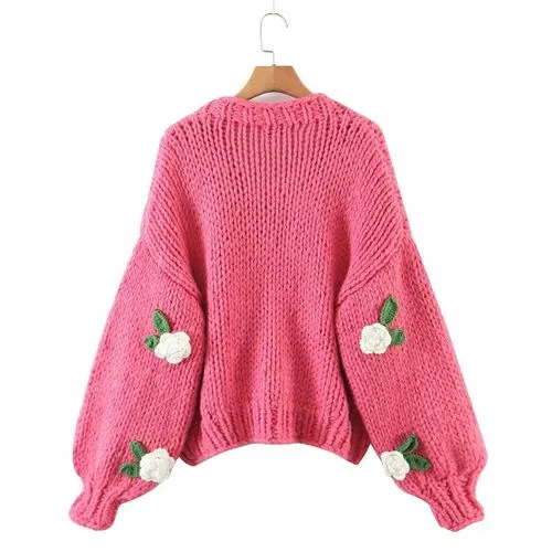 Vintage Style Flower Knitted Fabric V Neck Long Sleeve Regular Sleeve Button Sweater