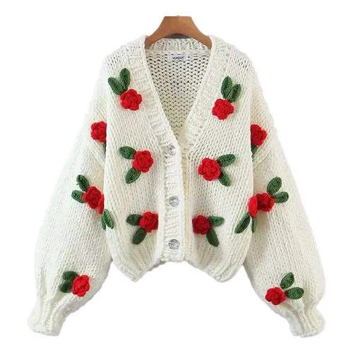 Vintage Style Flower Knitted Fabric V Neck Long Sleeve Regular Sleeve Button Sweater