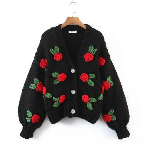 Vintage Style Flower Knitted Fabric V Neck Long Sleeve Regular Sleeve Button Sweater