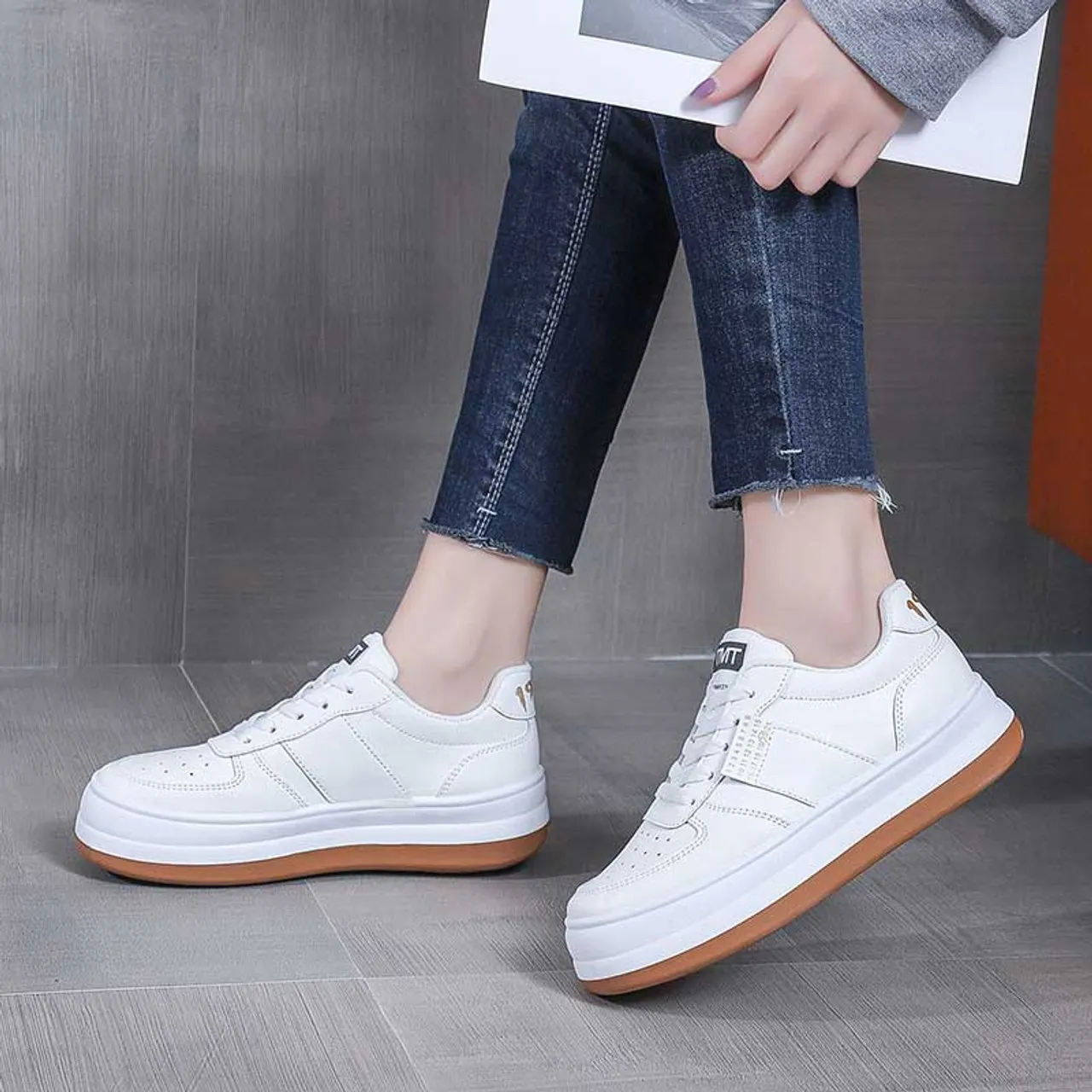 White pattern label print lace up shoe sneaker