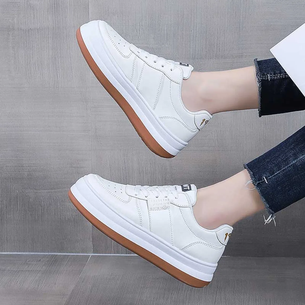 White pattern label print lace up shoe sneaker